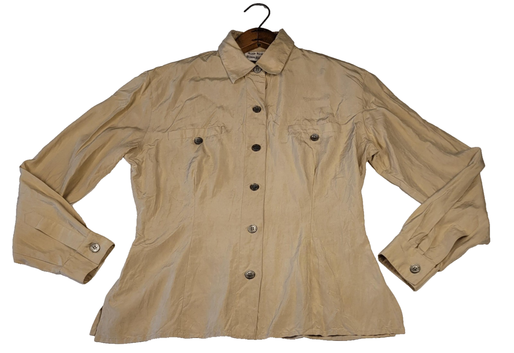 Vtg Anne Klein II Shirt Womens 8 Beige Silk Long Sleeve Button Front Blouse Top